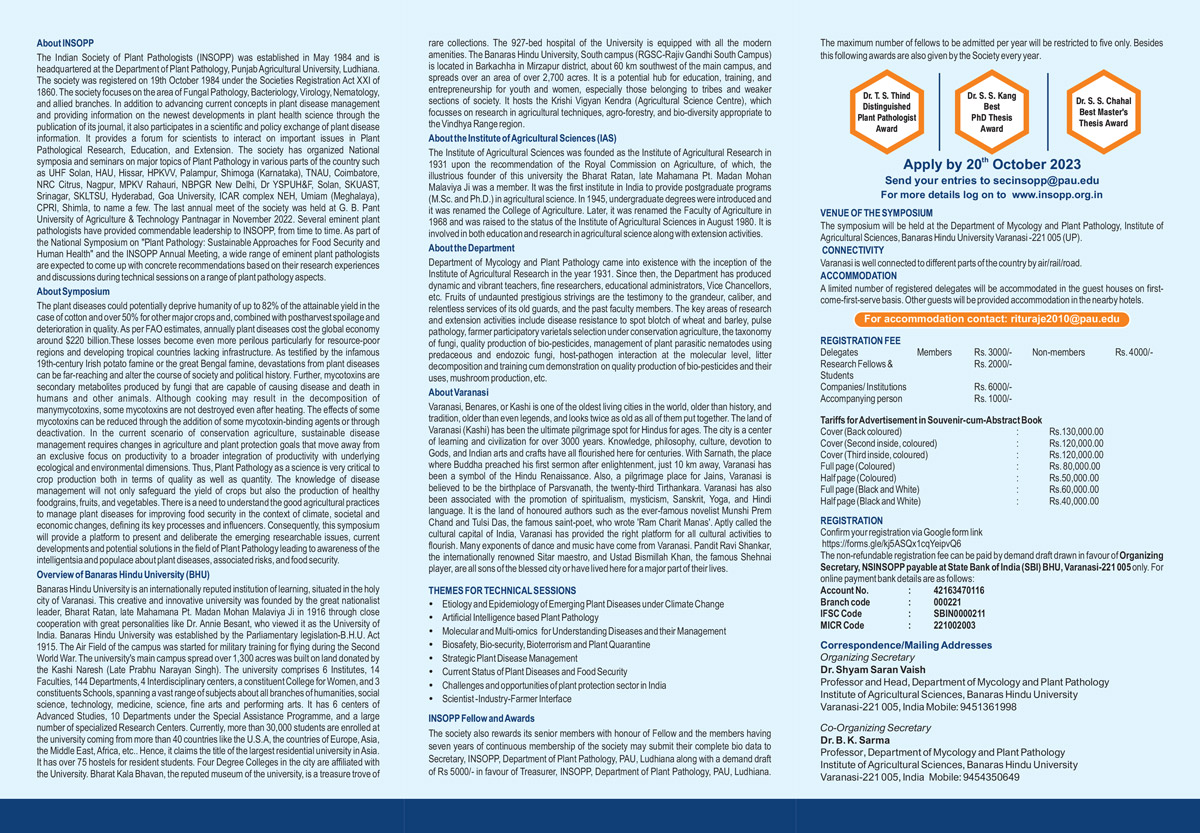 National Symposium on Plant Pathology: Sustainable Approaches for Food Security and Human Health on 8-9 December, 2023 at Banaras Hindu University